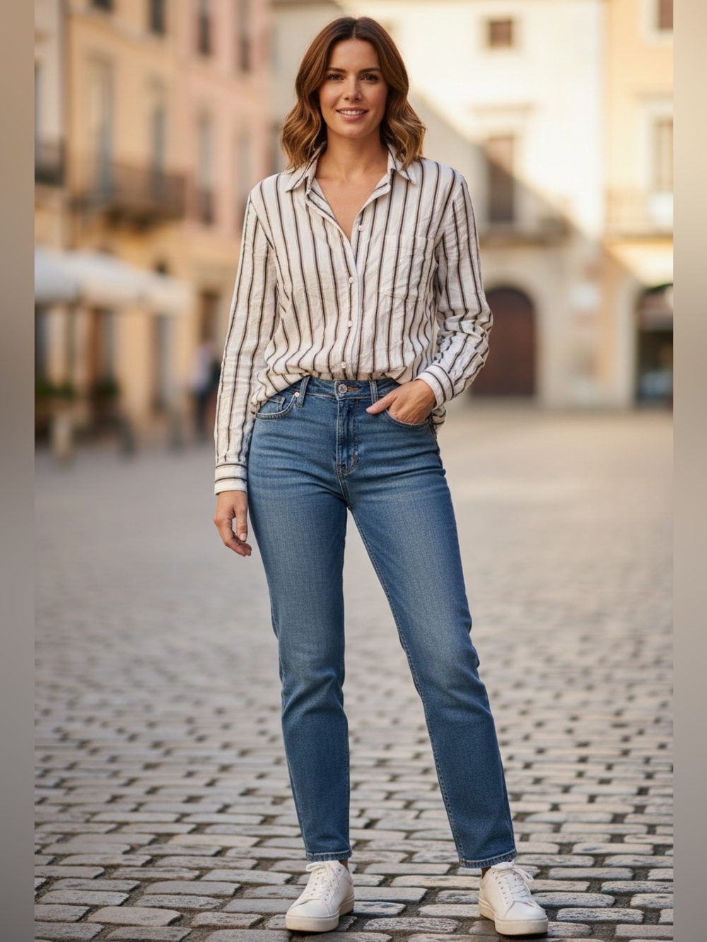 Frank & Eileen Cream and Black Striped Button-Down Shirt